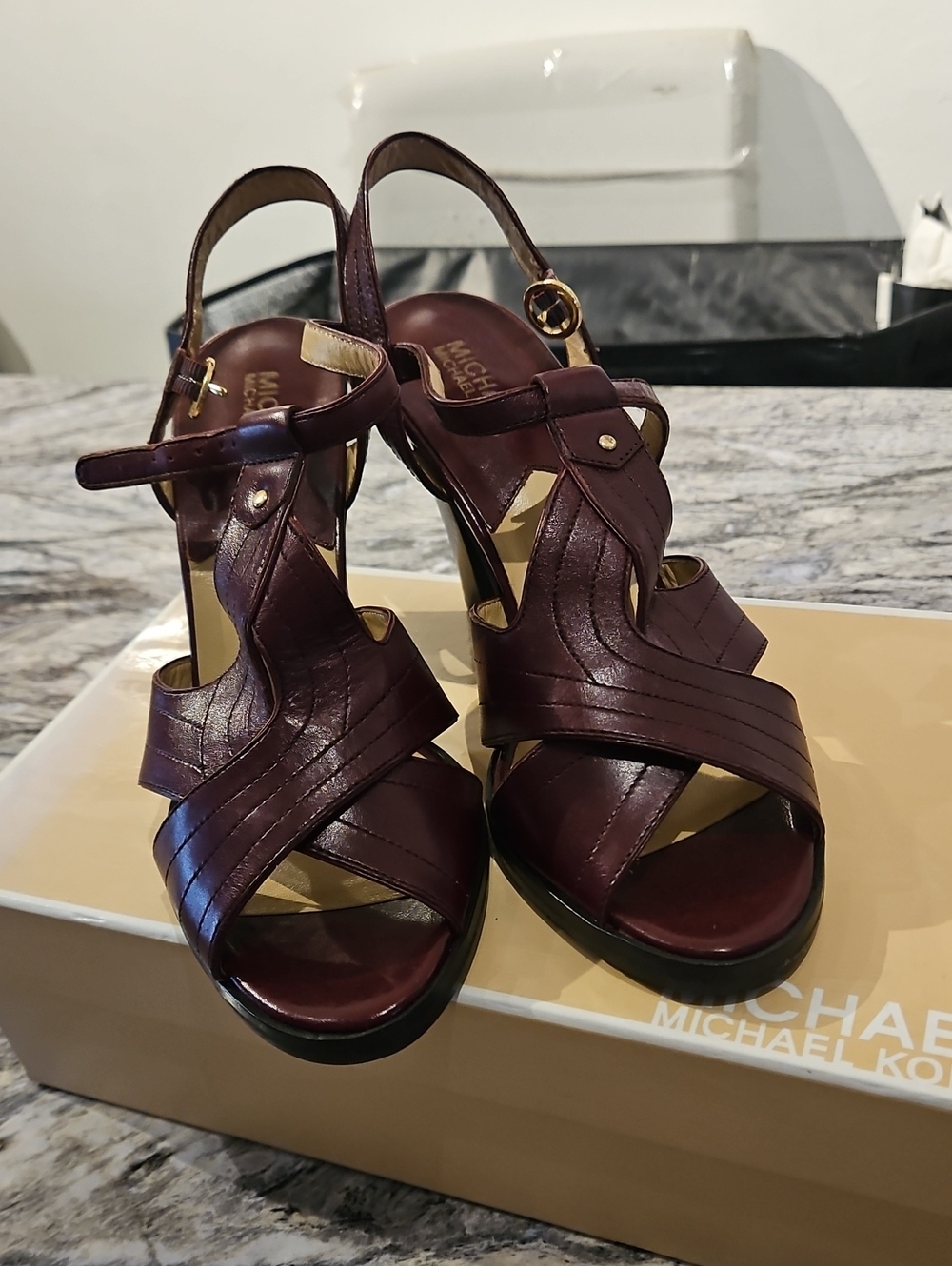 Michael Kors Burgundy Leather Strappy Slingback Heels